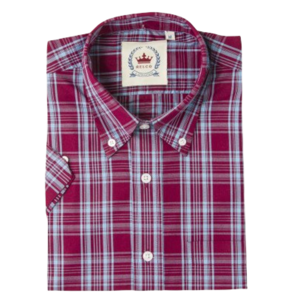 Red and white plaid shirt with a brand label on a white background
