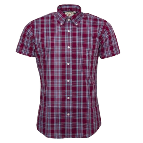 burgundy and sky blue check short sleeve shirt