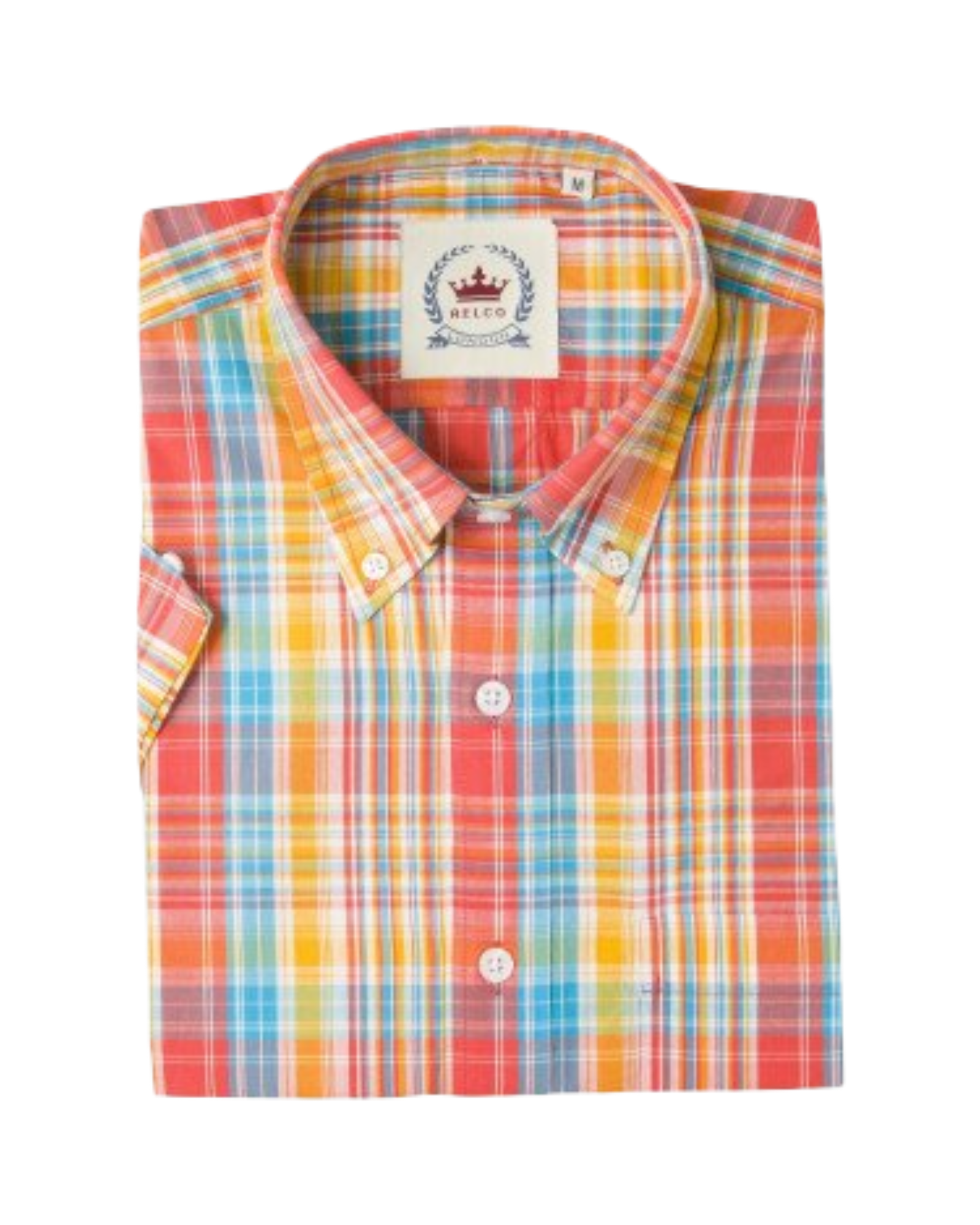 Colorful plaid shirt with a brand label on a white background