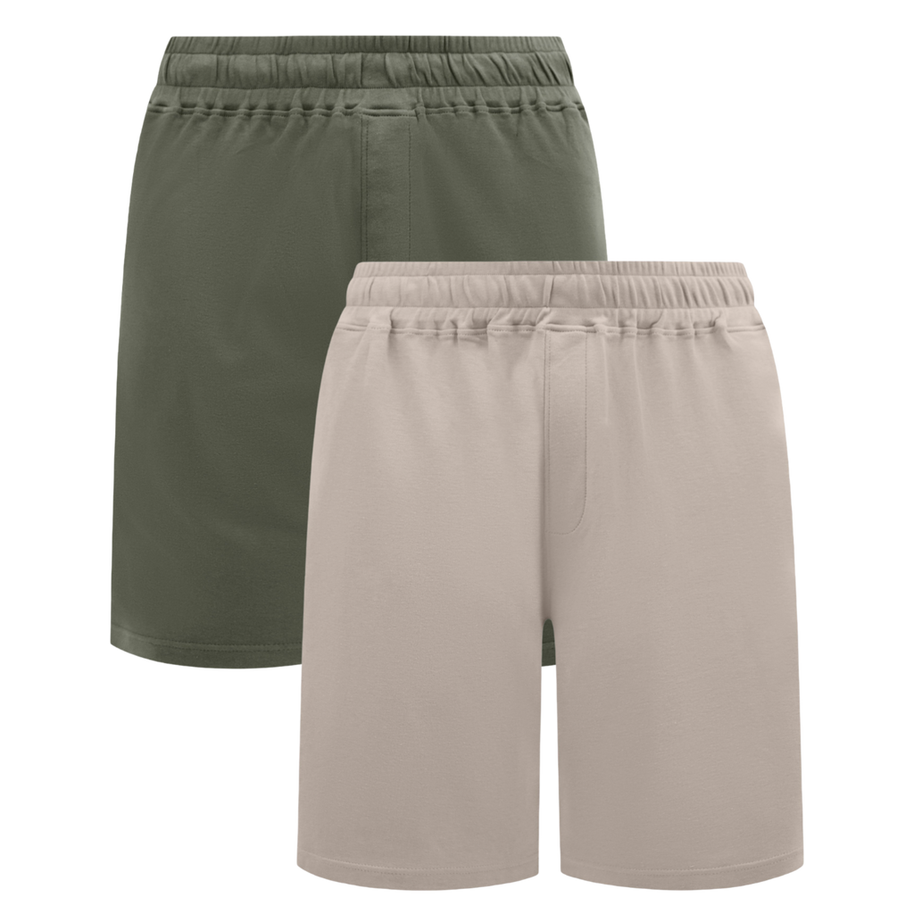 Two pairs of shorts, one green and one beige, on a white background.