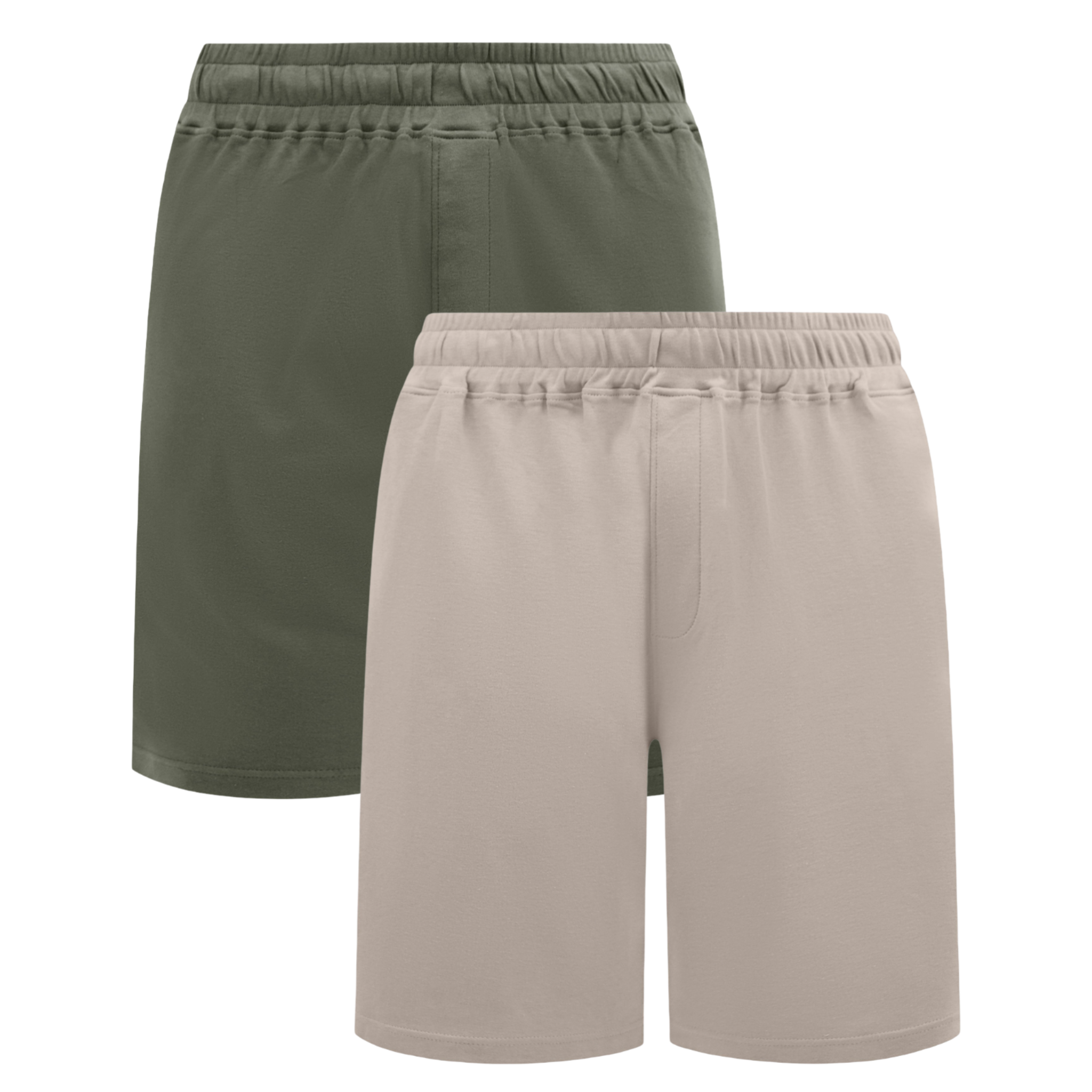 Two pairs of shorts, one green and one beige, on a white background.