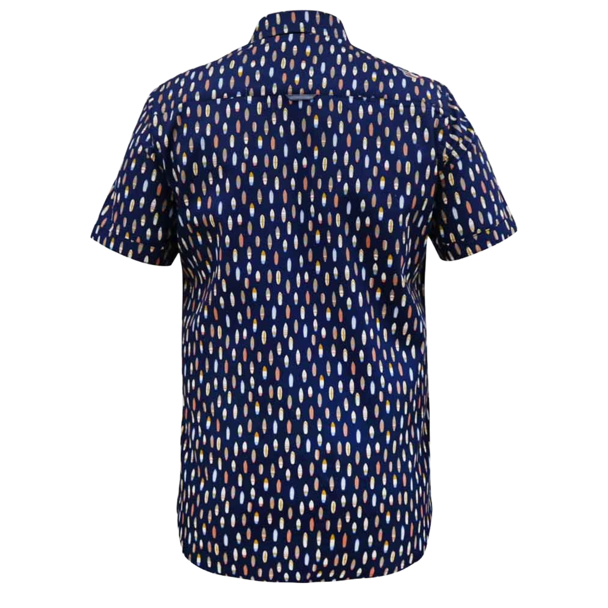 Navy blue shirt with multicolor pattern on a white background
