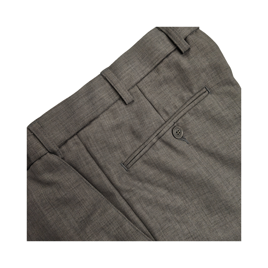 Gray suit pants with a button on a white background