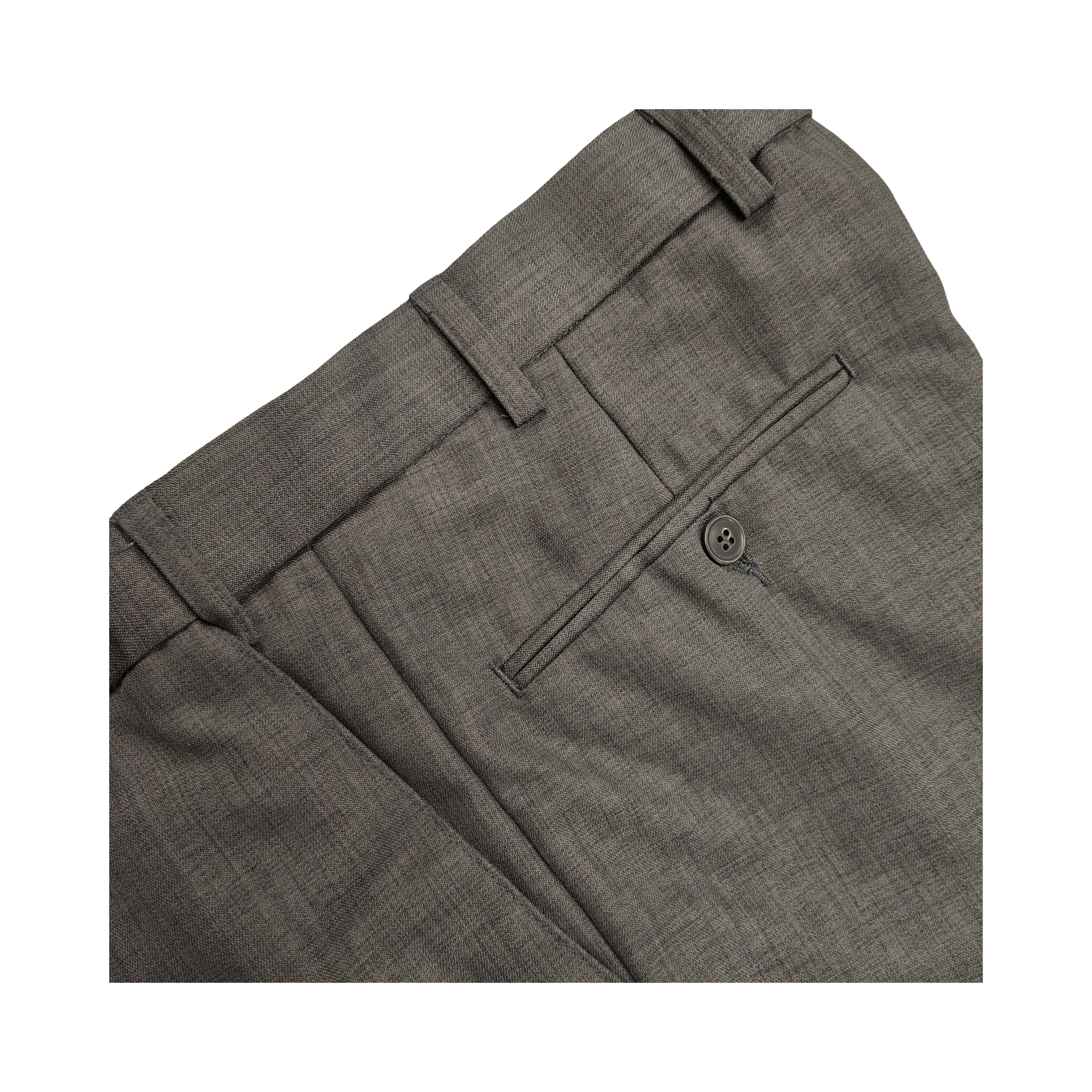 Gray suit pants with a button on a white background