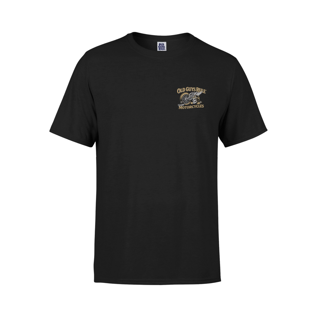 Black t-shirt with a logo on the chest against a white background