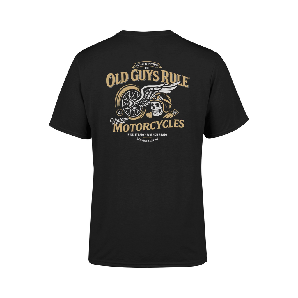 Black t-shirt with 'Old Guys Rule' motorcycle graphic on a white background