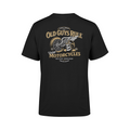 Black t-shirt with 'Old Guys Rule' motorcycle graphic on a white background