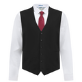 Black vest over a white shirt with a red tie on a white background