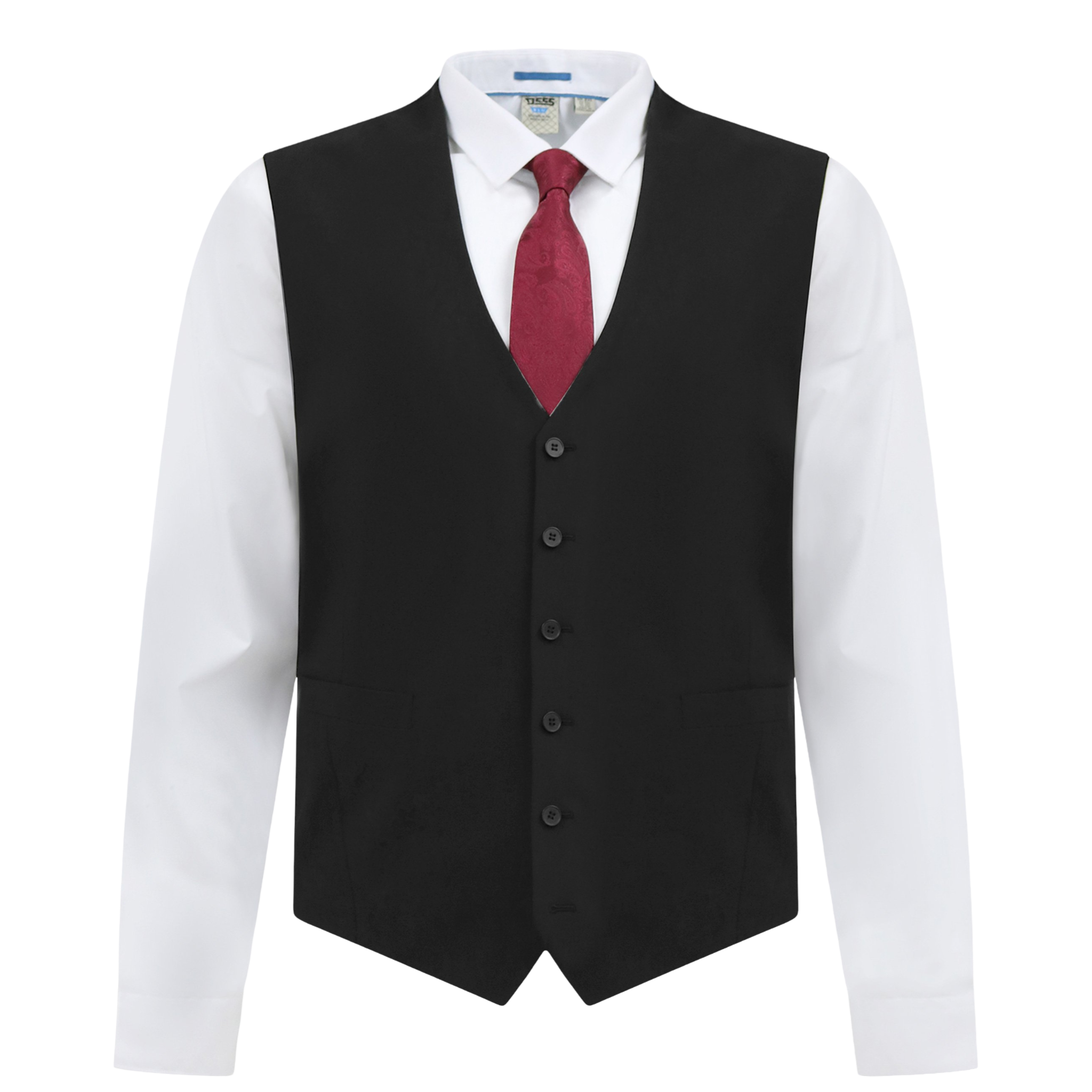 Black vest over a white shirt with a red tie on a white background