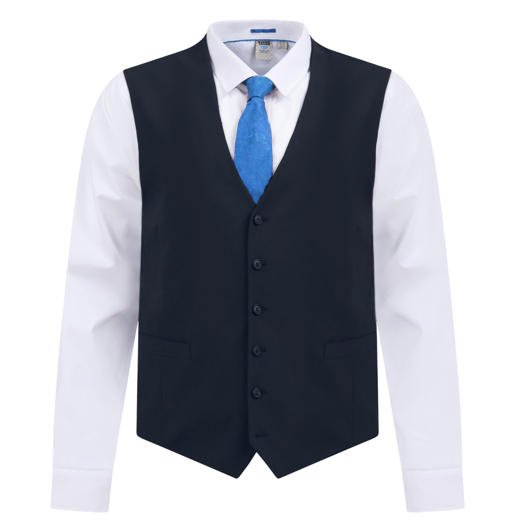 Black vest over a white shirt with a blue tie on a white background
