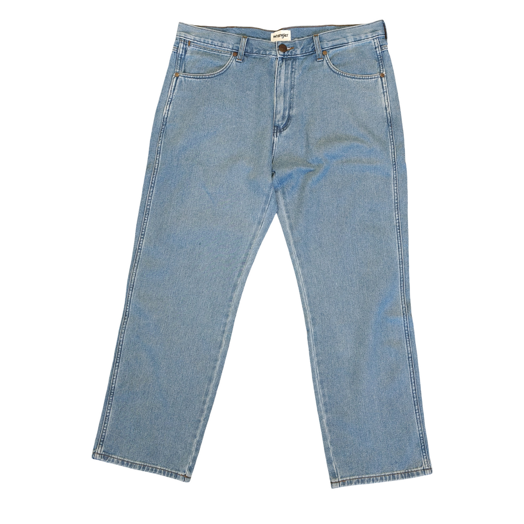 Pair of light blue jeans on a white background